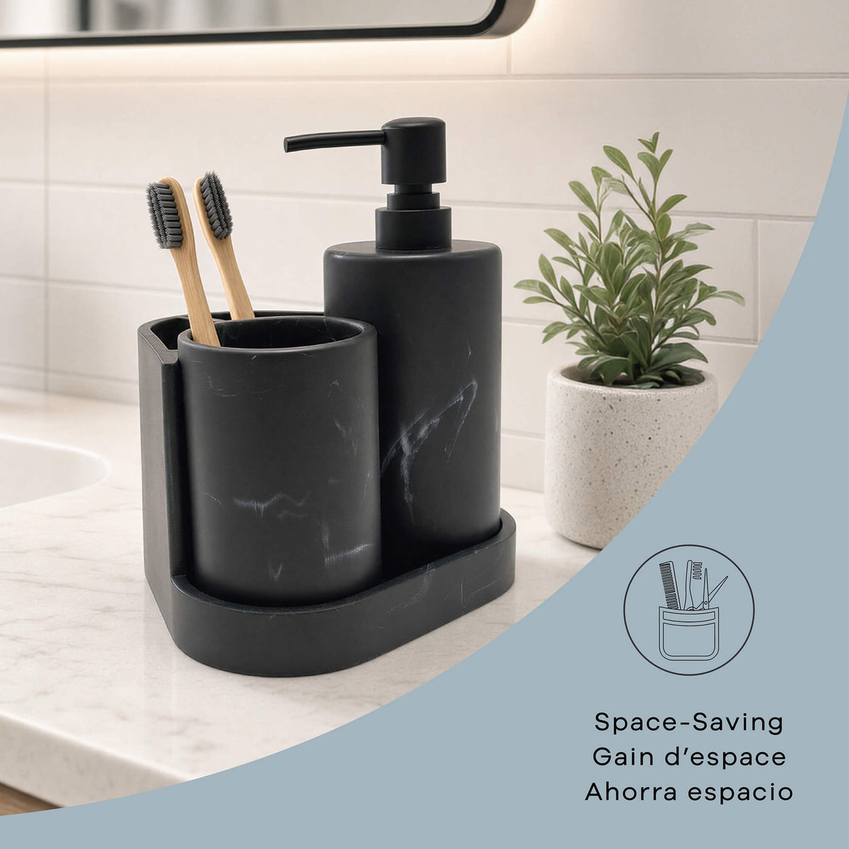 Zoe 3pc Marble Bath Set in Marble Black, alternate detail view 4.