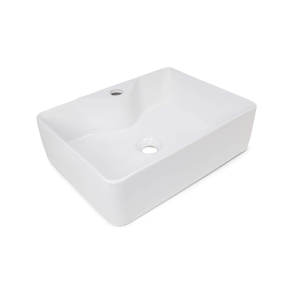 Alia Rectangular Ceramic Basin, Three-Quarter View.
