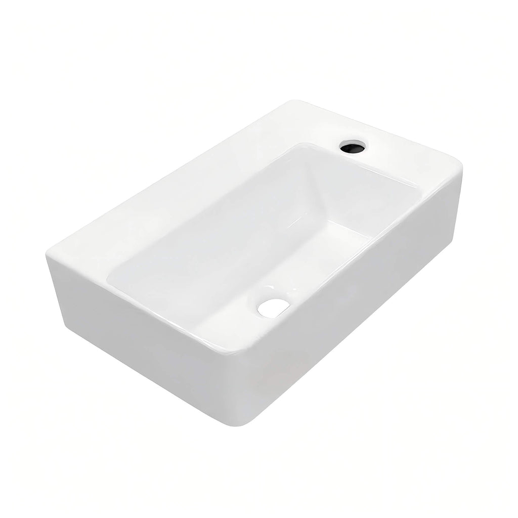 Busan Rectangular Ceramic Basin, three-quarter view.