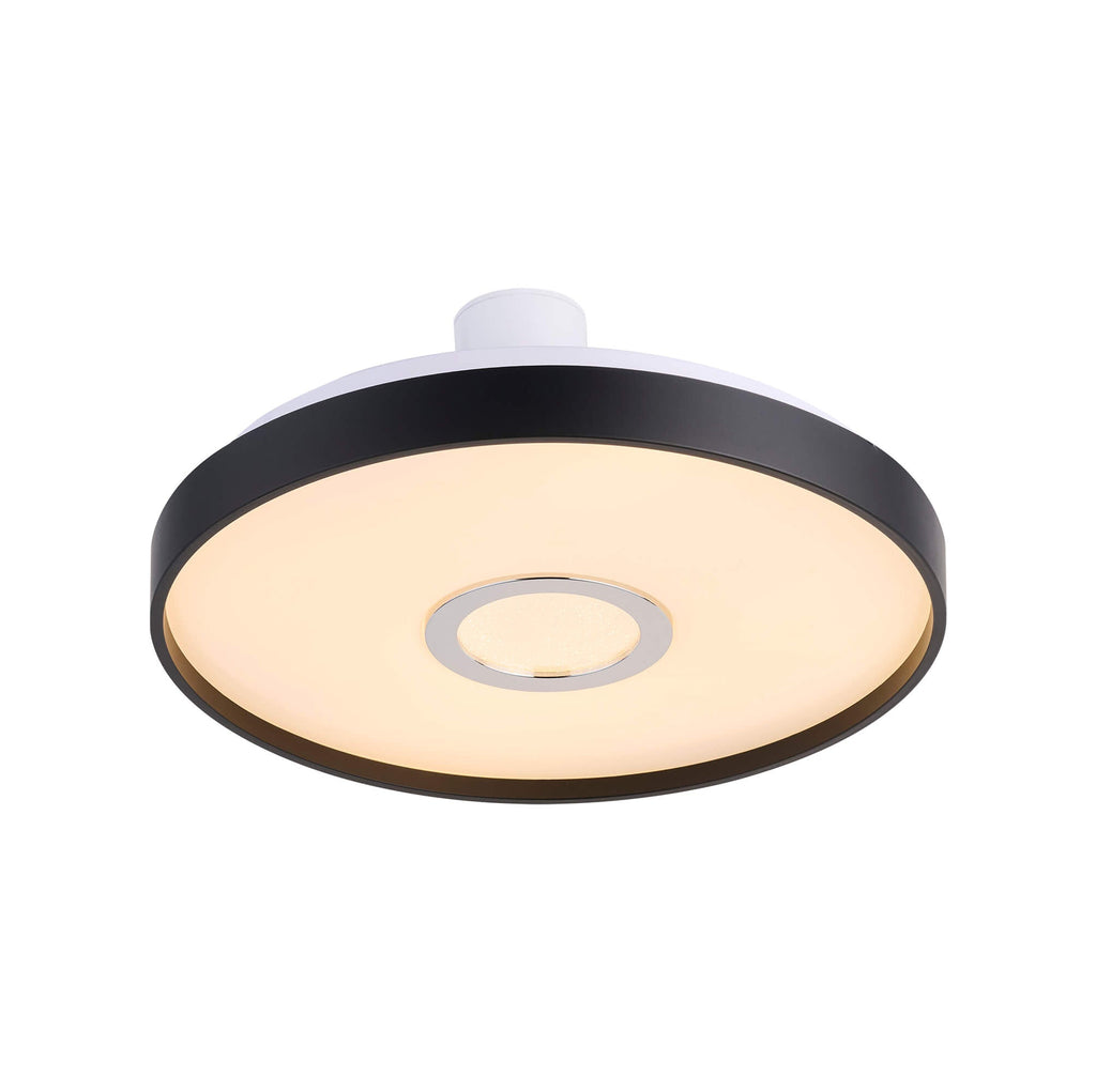 Liverpool LED Flushmount, three-quarter view, powered on.