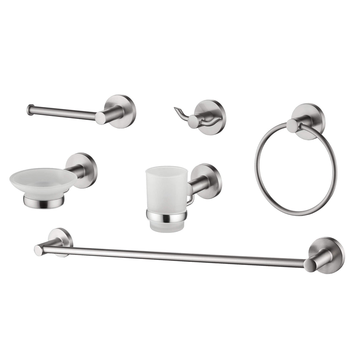 Raley 6-Pc Wall Hardware Set in Brushed Nickel, Three-Quarter View.