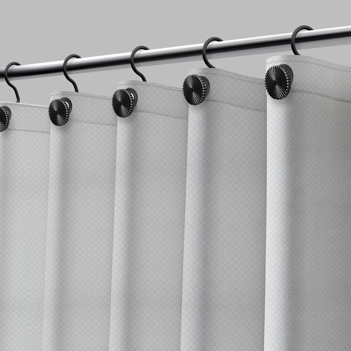 Diamonds PEVA Shower Liner in Black / White, three-quarter view.