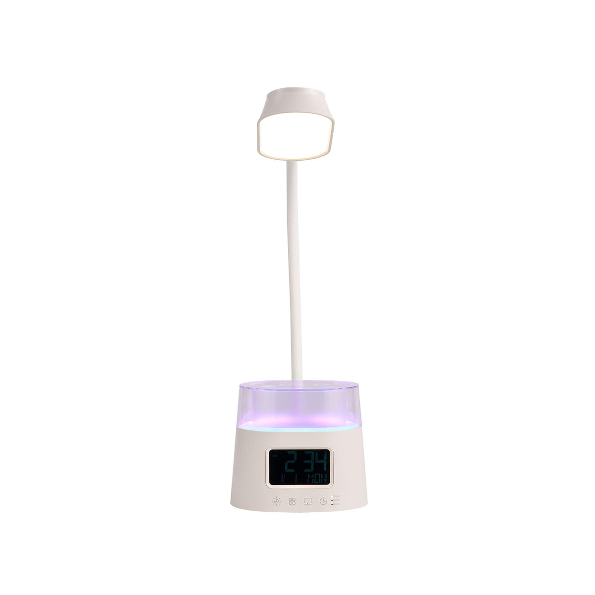 Iris LED Multifunctional Desk Lamp, Front View, powered on.