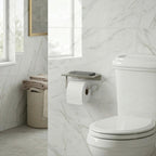 Gil Toilet Paper Dispenser in Brushed Nickel, lifestyle view.